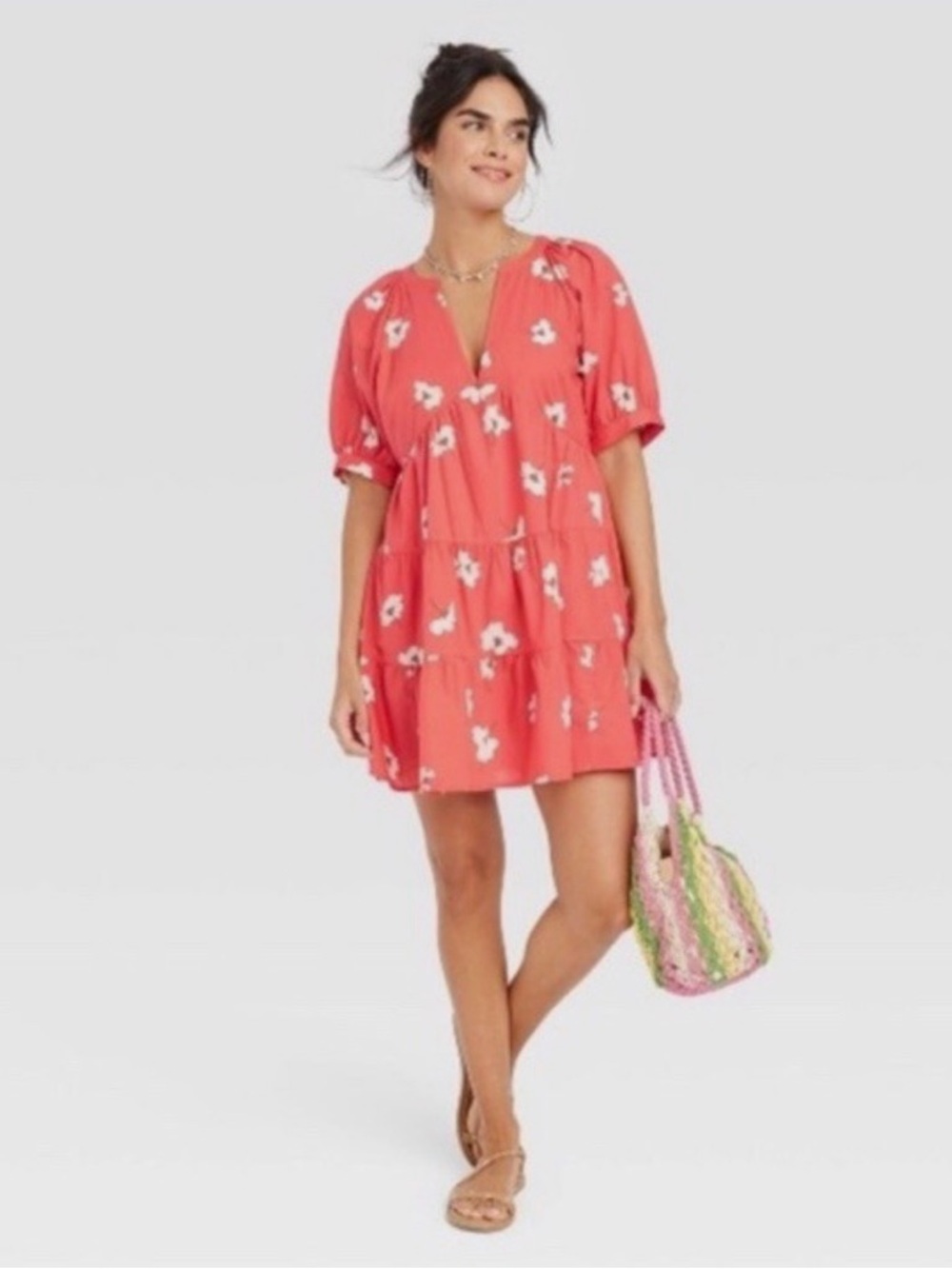 Feminine Coral Floral Mini Dress Babydoll Puff Sleeves size S